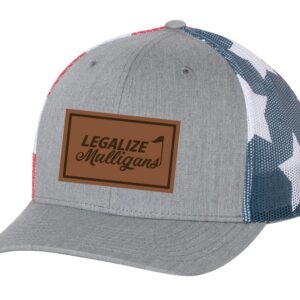 Trenz Shirt Company Men's Golf Legalize Mulligans Golfing Lucky Engraved Leather Patch Mesh Back Trucker Hat, Heather Grey/American Flag Mesh