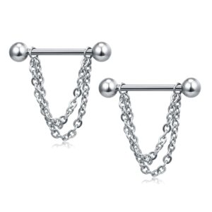 PiercingArt 12PCS Heart Nipple Rings Rhinestone Surgical Steel Nipple Ring Shield Shape Sexy Nipple Piercing Jewelry Barbell Hoops Chain Stainless Steel Sexy Body Jewelry For Women Men 14G