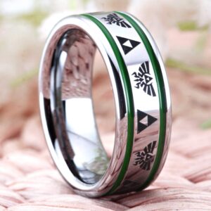 CLOUD DANCER The Legend of Zelda Ring- Crest and Triforce Ring Silver Tone Pipe with Two Blue/Red/Green Thin Lines Tungsten Carbide Wedding Bands Ring - Free Custom Engraving (Green Lines, 8.5)