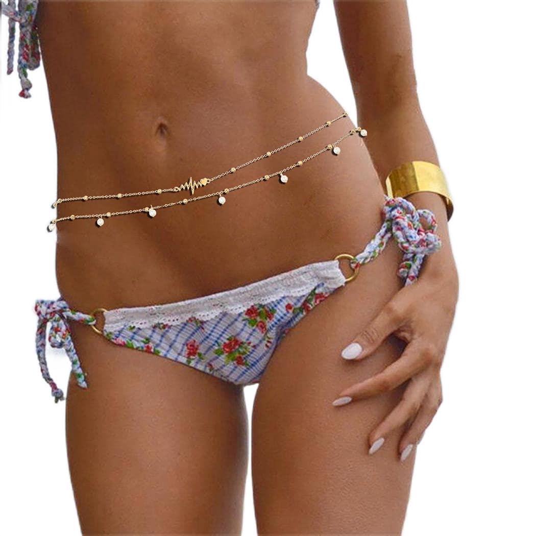 Vivilly Heart Belly Chain Gold Layered Waist Chain Beach Body Jewelry Accessories for Women