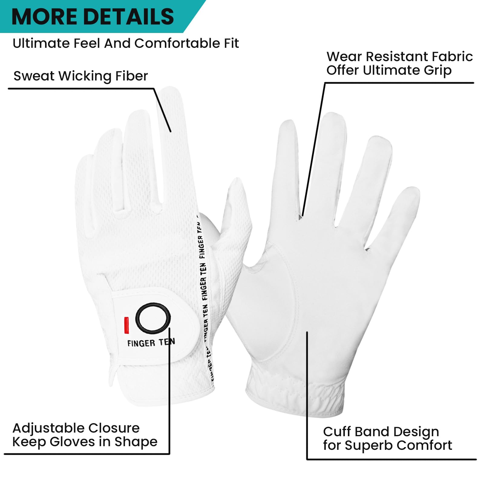 FINGER TEN Men’s Golf Glove Rain Grip Black Grey Pack, Durable Fit for Hot Wet All Weather, Left Hand Size Small Medium Large XL (White, Medium)