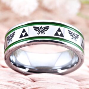 CLOUD DANCER The Legend of Zelda Ring- Crest and Triforce Ring Silver Tone Pipe with Two Blue/Red/Green Thin Lines Tungsten Carbide Wedding Bands Ring - Free Custom Engraving (Green Lines, 8.5)