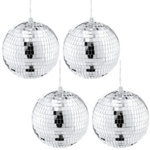 suwimut 4 pack mirror disco ball, 6 inch cool and fun silver hanging party disco ball with attached string for a party or dj light effect, party decorations, home decorations, stage props