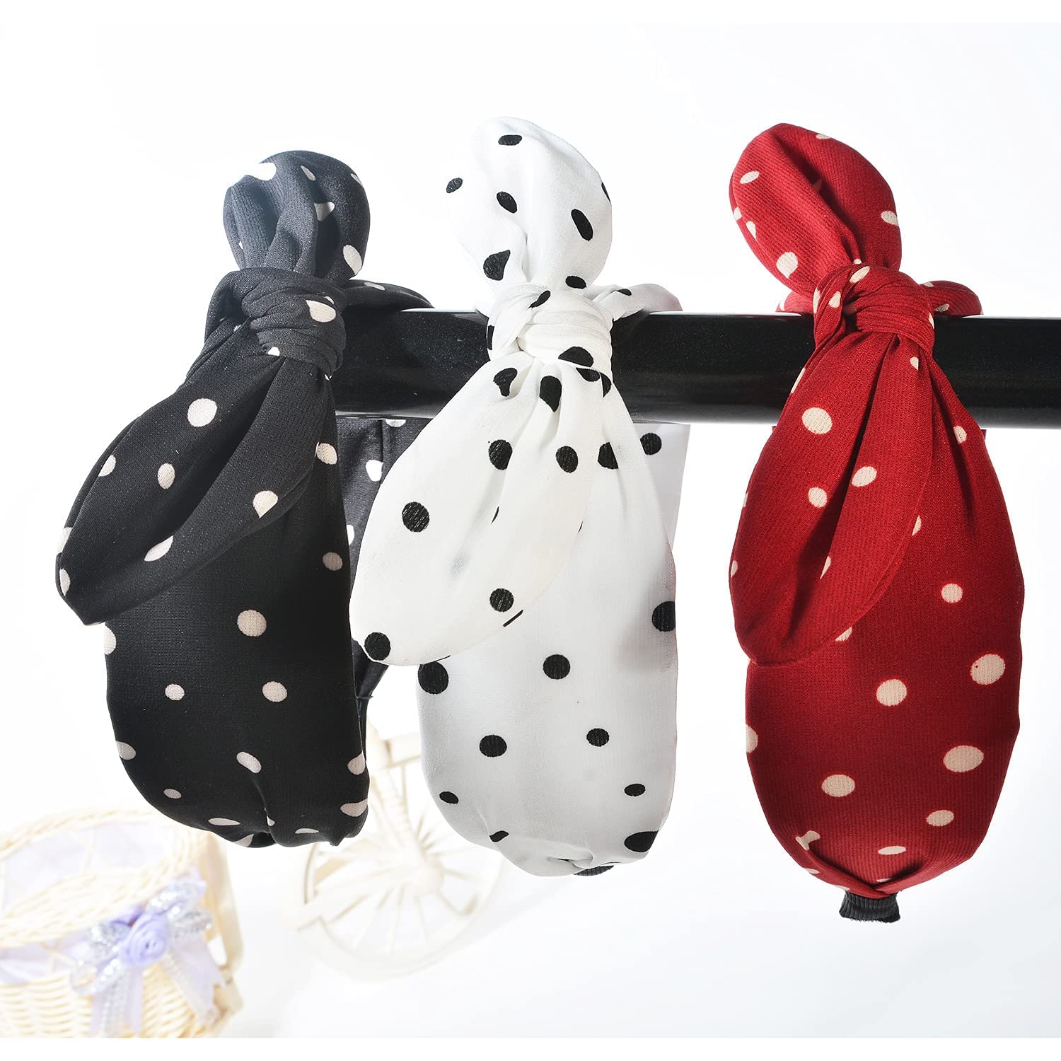 Lvyeer 3 Pack Bow Headbands for Women,Wide Polka Dot Headband for Women Rabbit Ear Hair hoop