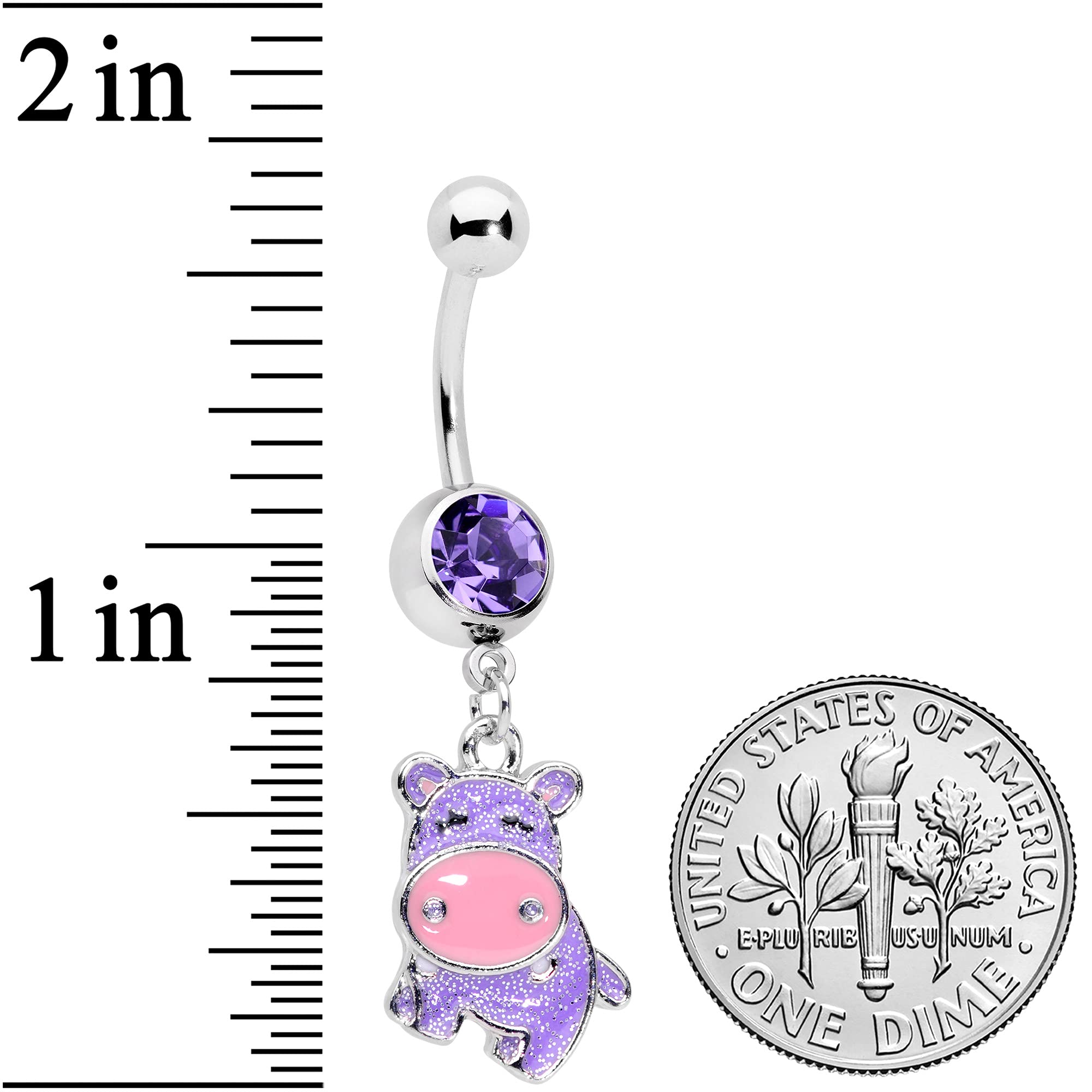 Body Candy Womens 14G 316L Steel Navel Ring Piercing Purple Accent Happy Hippopotamus Dangle Belly Button Ring