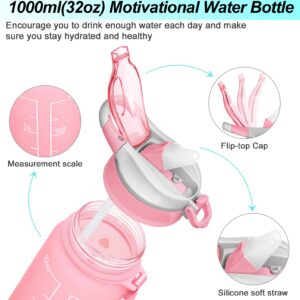 32OZ Motivational Fitness Sports Water Bottle with Straw & Time Maker, BPA-free, Tritan Plastic, Leak-proof Ensure you Stay Hydrated Throughout The Day for Gym, Outdoor Sports (Omber: Rose Serenity)