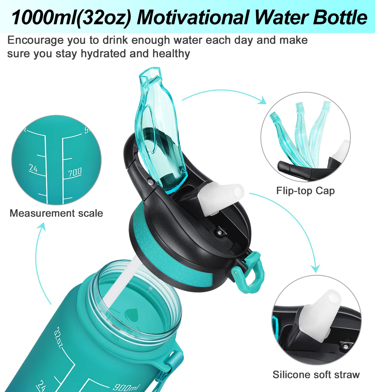 MEITAGIE 32oz Leakproof Motivational Sports Water Bottle with Straw & Time Marker, Flip Top Durable BPA Free Tritan Non-Toxic Frosted Bottle Perfect for Office, School, Gym and Workout (Ombre: Dark