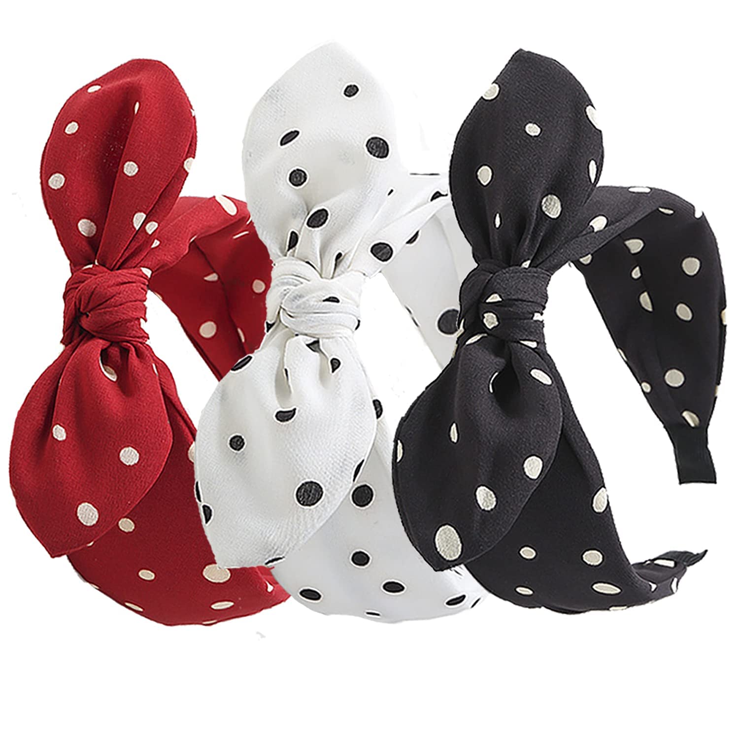 Lvyeer 3 Pack Bow Headbands for Women,Wide Polka Dot Headband for Women Rabbit Ear Hair hoop