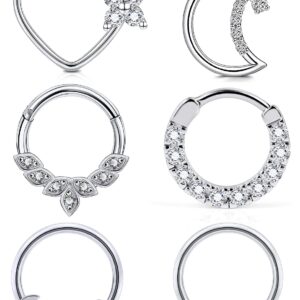 Ftovosyo Left Ear Daith Earrings 16G Heart Moon Daith Piercing Jewelry for Women Stainless Steel Cartilage Forward Helix Tragus Piercing Jewelry Plated CZ Hinged Septum Clicker Rings