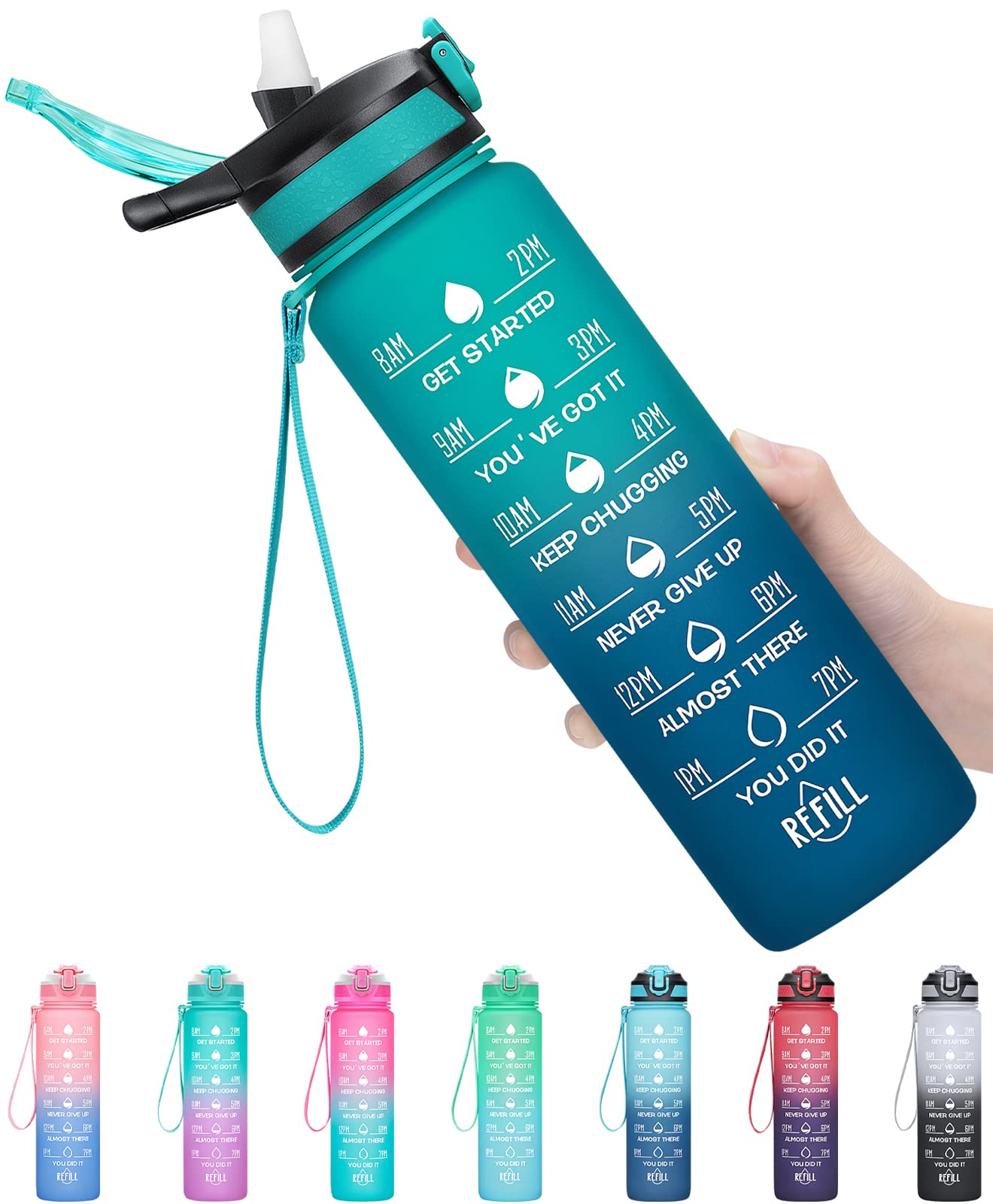 MEITAGIE 32oz Leakproof Motivational Sports Water Bottle with Straw & Time Marker, Flip Top Durable BPA Free Tritan Non-Toxic Frosted Bottle Perfect for Office, School, Gym and Workout (Ombre: Dark