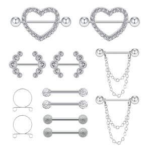 PiercingArt 12PCS Heart Nipple Rings Rhinestone Surgical Steel Nipple Ring Shield Shape Sexy Nipple Piercing Jewelry Barbell Hoops Chain Stainless Steel Sexy Body Jewelry For Women Men 14G