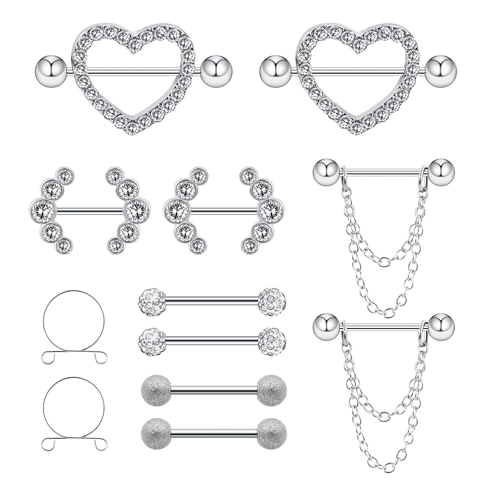 PiercingArt 12PCS Heart Nipple Rings Rhinestone Surgical Steel Nipple Ring Shield Shape Sexy Nipple Piercing Jewelry Barbell Hoops Chain Stainless Steel Sexy Body Jewelry For Women Men 14G