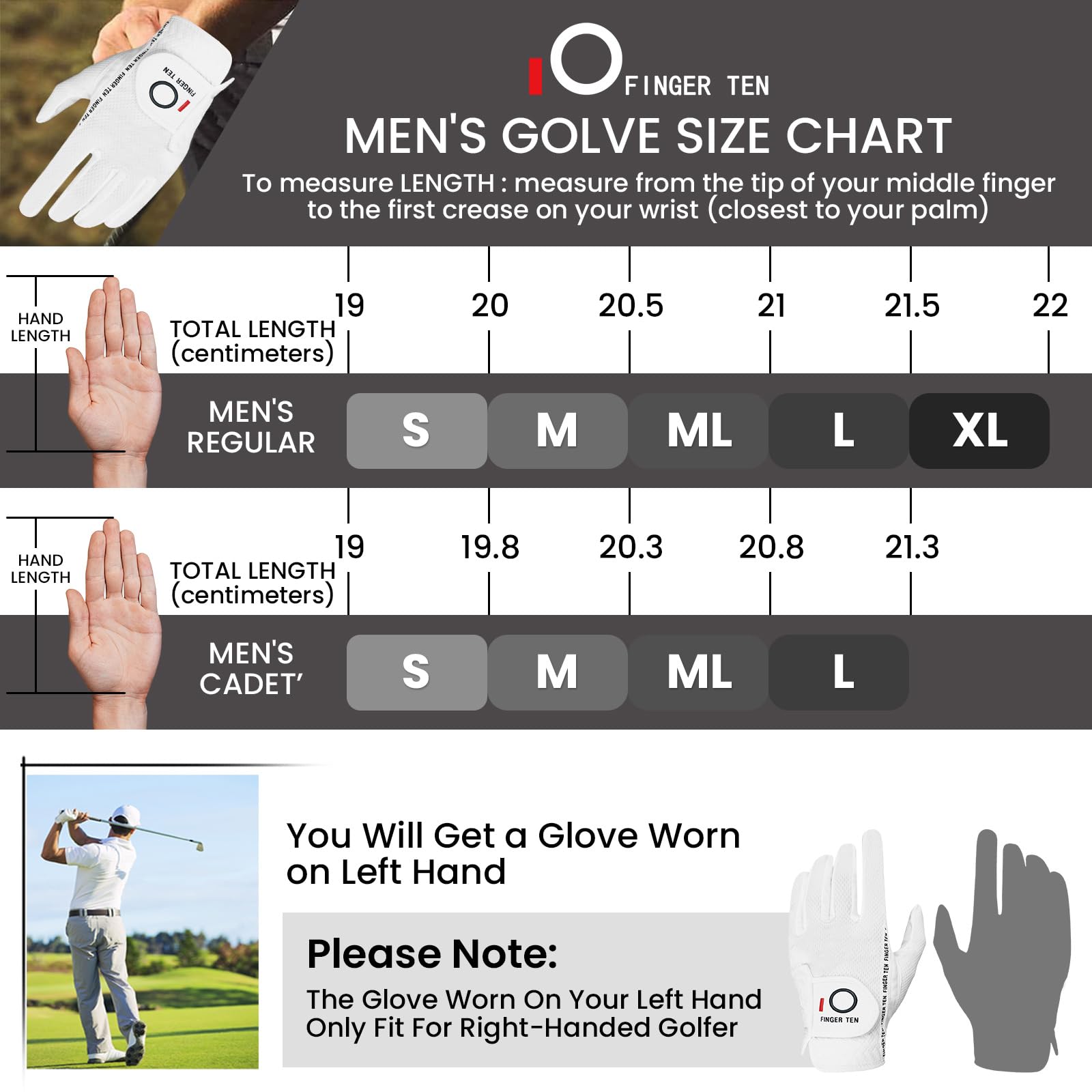 FINGER TEN Men’s Golf Glove Left Hand Rain Grip Pack, Durable Fit for Hot Wet All Weather (White, M/Large)