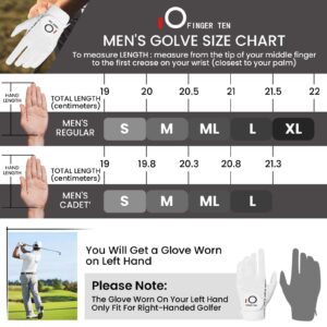 FINGER TEN Men’s Golf Glove Left Hand Rain Grip Pack, Durable Fit for Hot Wet All Weather (White, Small)