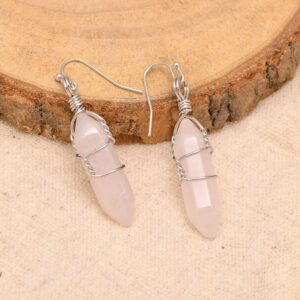 Paialco Hand Wired Natural Rose Quartz Healing Crystal Point Chakra Dangling Earrings