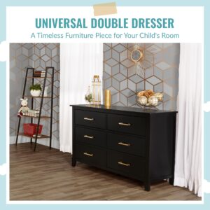 Dream On Me Universal Double Dresser in Black W Gold, Kids Bedroom Dresser, Six Drawers, Mid-Century Modern, Made of Solid Pinewood, Easy Assembly