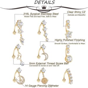 Masedy 9Pcs 14G Stainless Steel Dangle Belly Rings for Women Reverse Navel Rings Curved Barbell Body Piercing Jewelry Gold