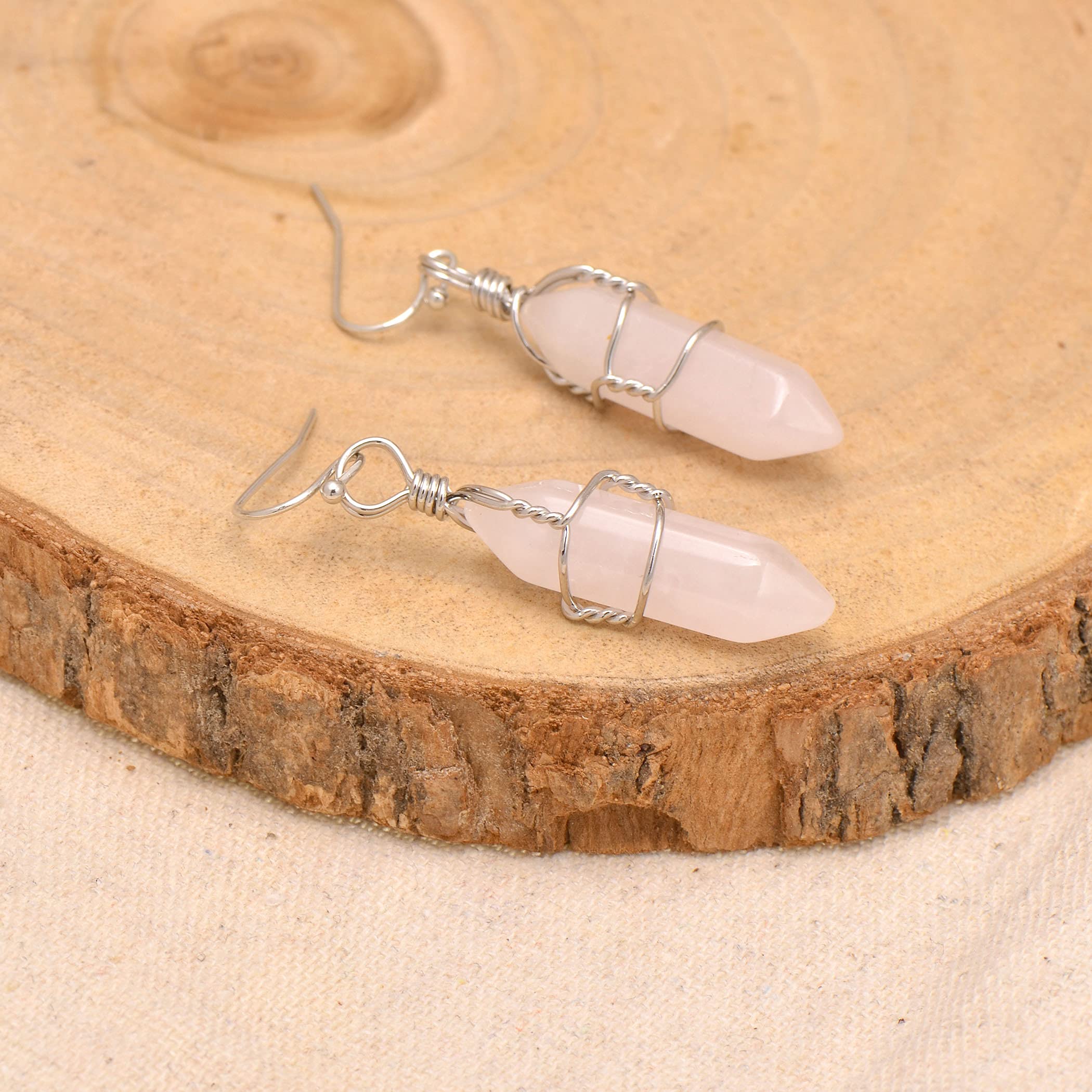 Paialco Hand Wired Natural Rose Quartz Healing Crystal Point Chakra Dangling Earrings