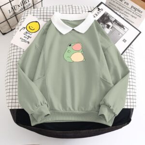 KIEKIECOO Cute Aesthetic Frog Sweatshirt for Teen Girls Kawaii Cartoon Graphic Hoodie Womens Preppy Cotton Pullover Sweaters(Green,Medium)