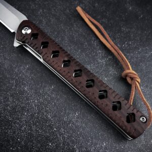 HUAAO 7.3’’ Folding Pocket Knife, EDC Small Knife with D2 Steel Blade, Rosewood Handle, Liner Lock, Flipper Open, for Camping Hunting Outdoor