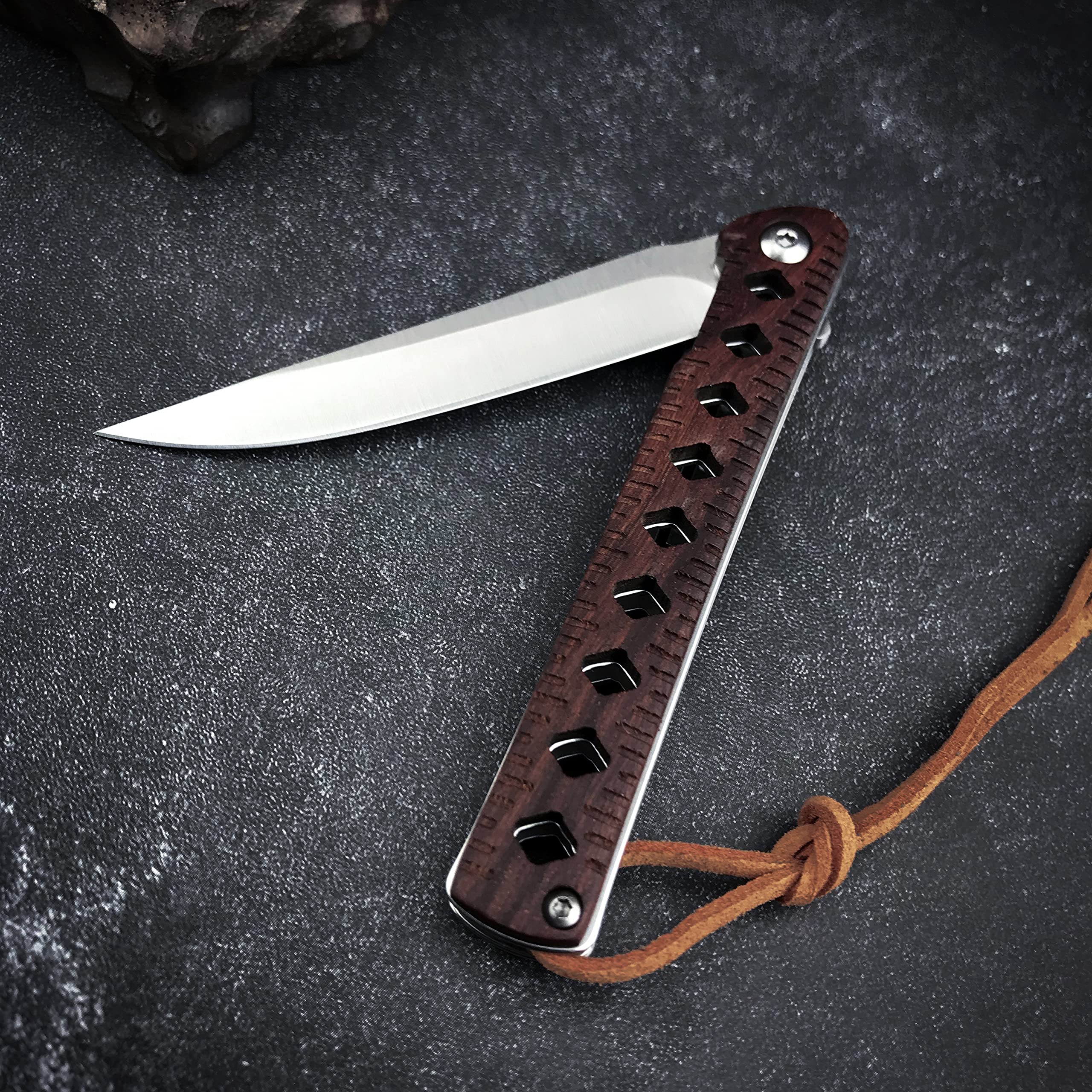 HUAAO 7.3’’ Folding Pocket Knife, EDC Small Knife with D2 Steel Blade, Rosewood Handle, Liner Lock, Flipper Open, for Camping Hunting Outdoor