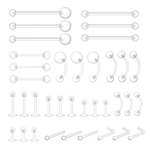 PiercingArt 36pcs Clear Piercing Retainers Bioflex Plastic Jewelry for Nipple Tongue Nose Septum Eyebrow Belly Earrings Tragus Helix Cartilage Industrial Lip Labret Rings Studs For Surgery Mri