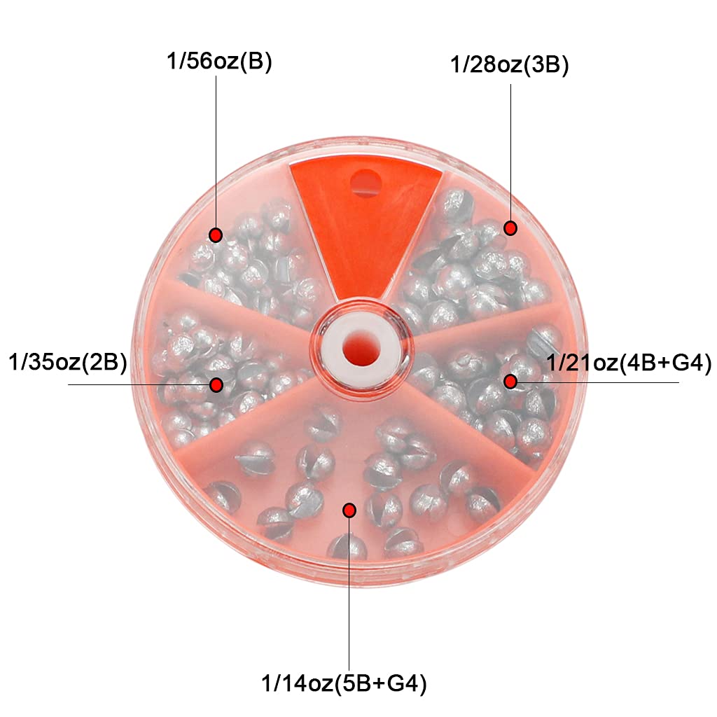 Fishing Weight Sinkers 5 Sizes Weights 1/56 1/35 1/28 1/19 1/14oz 100Pcs Round Split Shot Sinker Removable Egg Lead Assortment