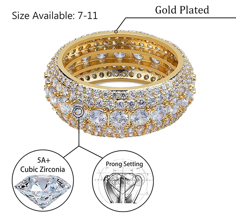 Apzzic 10mm Iced Out Gold Plated 5 Row Cubic Zirconia Diamond Hip Hop Eternity Band Engagement Ring for Men Women Gold Size 9