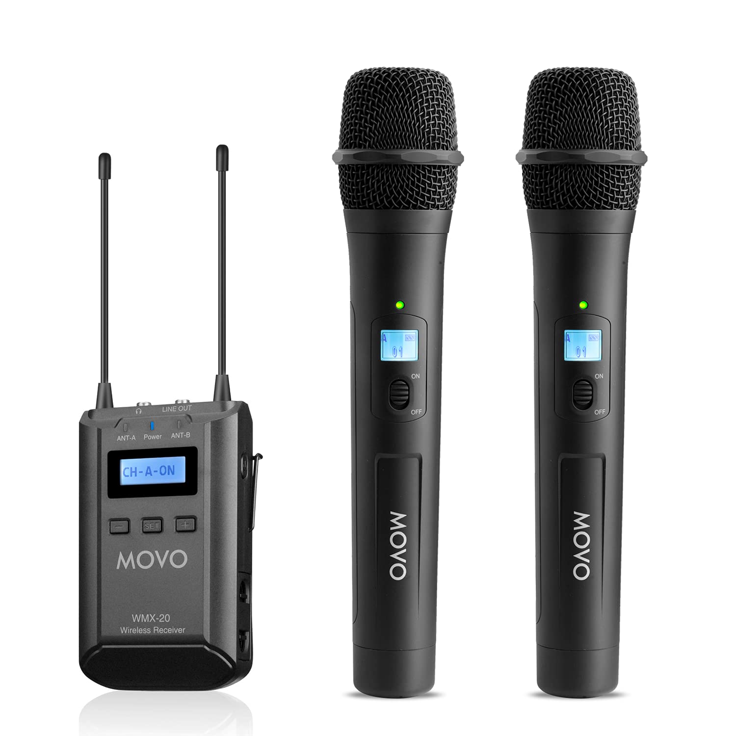 Movo 48-Channel UHF Wireless Microphone System with 2 Wireless Microphones and Receiver - Condenser Microphone Bundle for Interviews and Performances - Podcast Equipment Bundle for 2