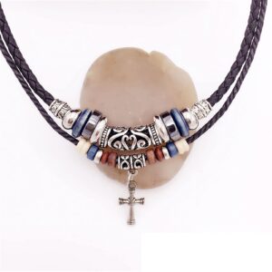 ONLYJUMP Bohemian Double Layers Leather Necklace for Men Women Vintage Boho Tribal Ethnic Wood Beads Braided Adjustable Hipppie Cross Hemp Cords Pendant Charm Choker Jewelry (Cross)