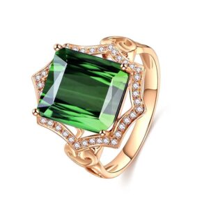 SixTwo 18K Yellow Gold Large 7.35 Carat Perfect Princess Square Cut Cubic Zirconia CZ Diamond Emerald Birthstone Halo Solitaire Engagement Rings Rainbow Gemstone Ring ST.286 (Green, 10)