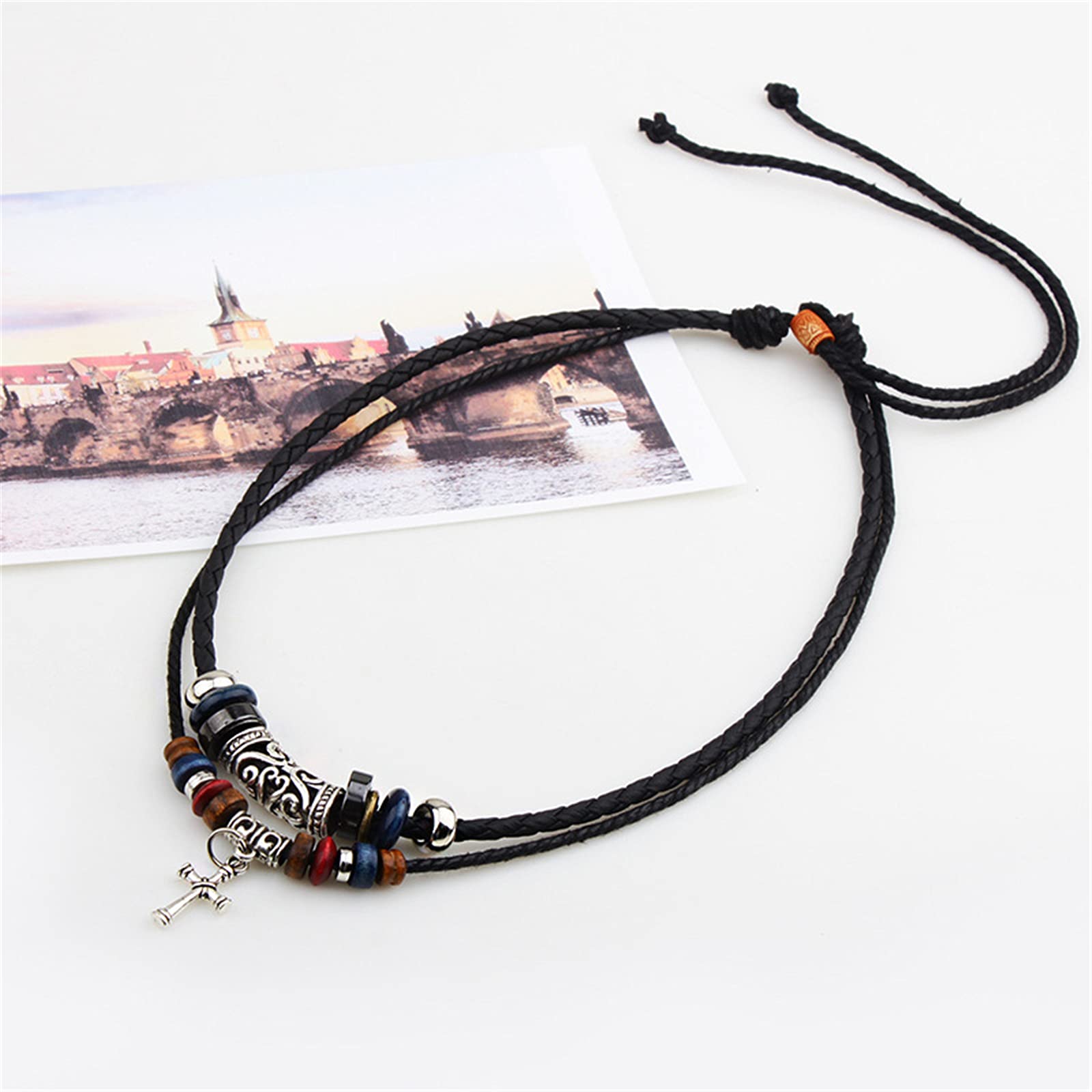 ONLYJUMP Bohemian Double Layers Leather Necklace for Men Women Vintage Boho Tribal Ethnic Wood Beads Braided Adjustable Hipppie Cross Hemp Cords Pendant Charm Choker Jewelry (Cross)