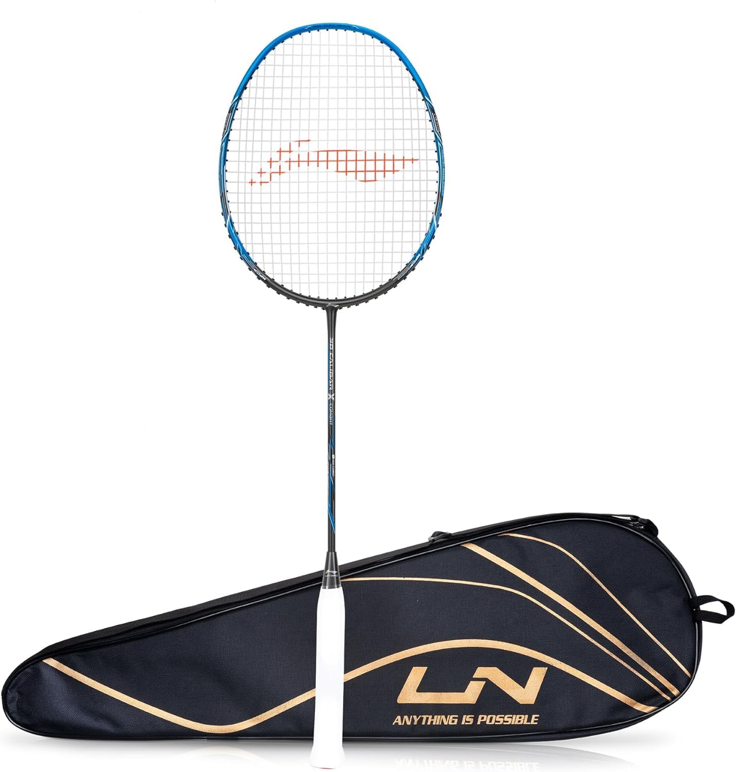 Li-Ning 3D Calibar X Combat Carbon Graphite Badminton Strung Racquet (85 Grams, 30 Lbs String Tension) and Full Cover (Charcoal/Blue)