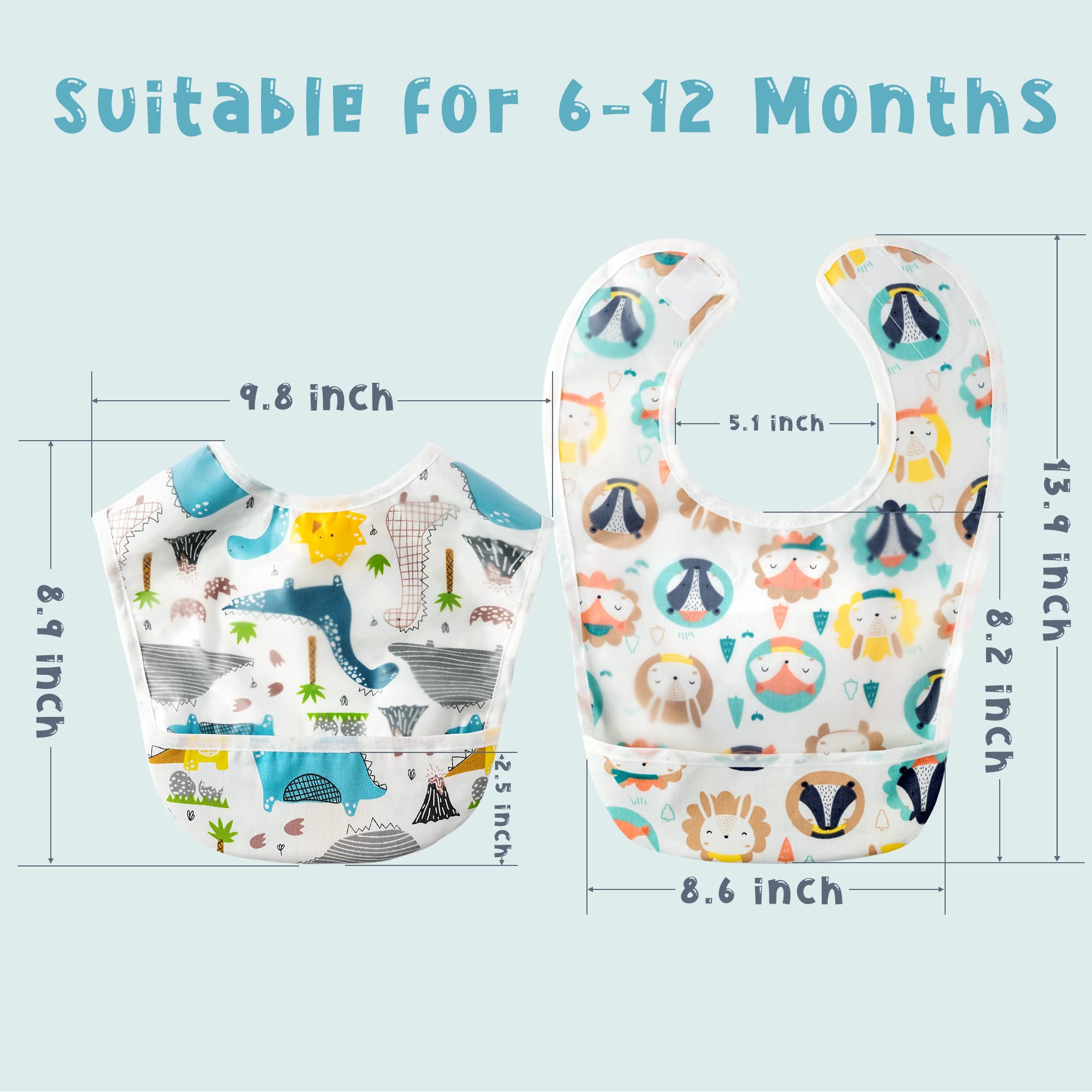 2ooya 6 Pcs Baby Feeding Bibs Toddler Waterproof Bib Set with Crumb Catcher Pocket Infant Adjustable Baby Teething Bib Babies Food Bibs Keepsake Gift for Baby Shower Christmas New Year, 6-12 Months