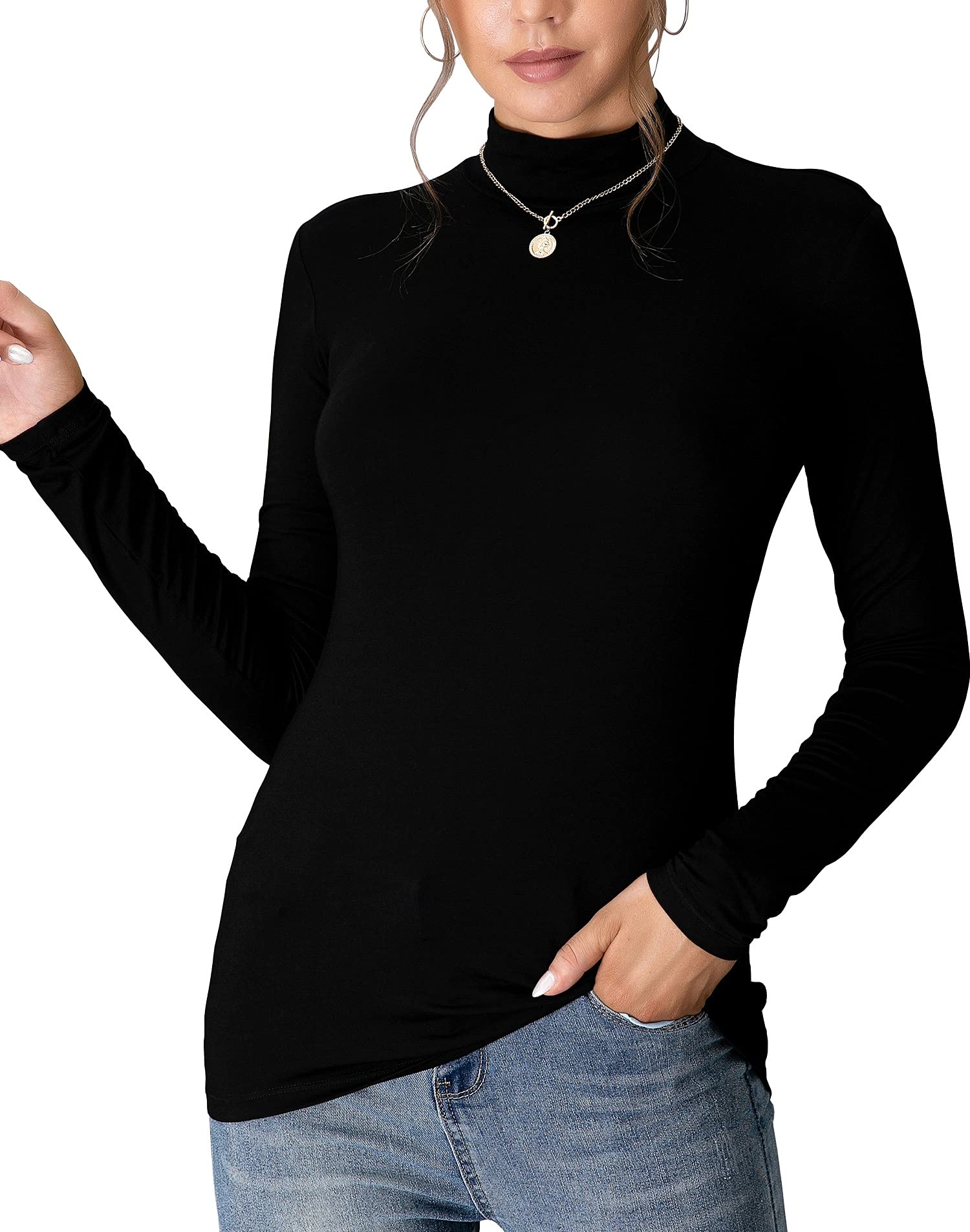 MANGDIUP Women's Mock Turtleneck Long Sleeve Pullover Tops Slim Fit Basic T-Shirts (Black, X-Large)