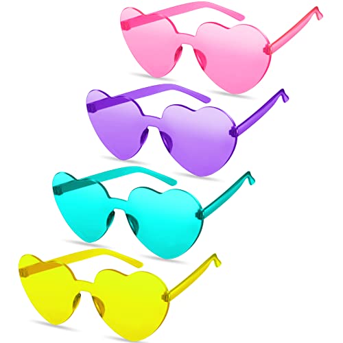 TOODOO 4 Pieces Heart Shape Rimless Sunglasses Transparent Candy Color Party Eyewear()