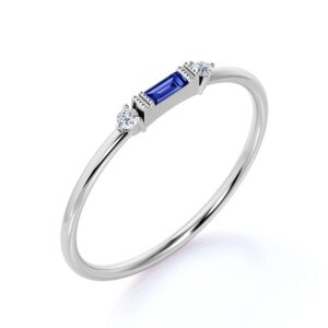 Dainty etneyjewels 0.21 Carat Natural White Diamond With Blue Sapphire Horizontal Baguette Cut Stackable Engagement Band Ring (Centre Blue Gemstone etneyjewels 0.15 ctw,Clarity I2,Color HI,9.5)