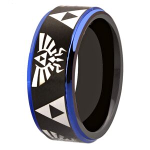 free custom engraving the legend of zelda ring- crest and triforce ring black and blue step tungsten carbide wedding bands ring (8mm width, 7)