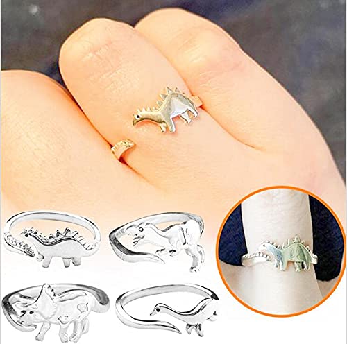 Vangelady 4 Pcs Dinosaur Rings Sets Jurassic Era Dinosaur Statement Ring Adjustable Knuckle Band Jewelry for Women Men Girls, Silver C