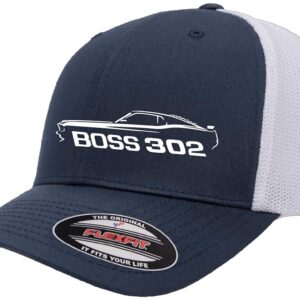 1969 Ford Boss 302 Mustang Classic Outline Design Flexfit 6511 Trucker Mesh Fitted Cap Navy/White