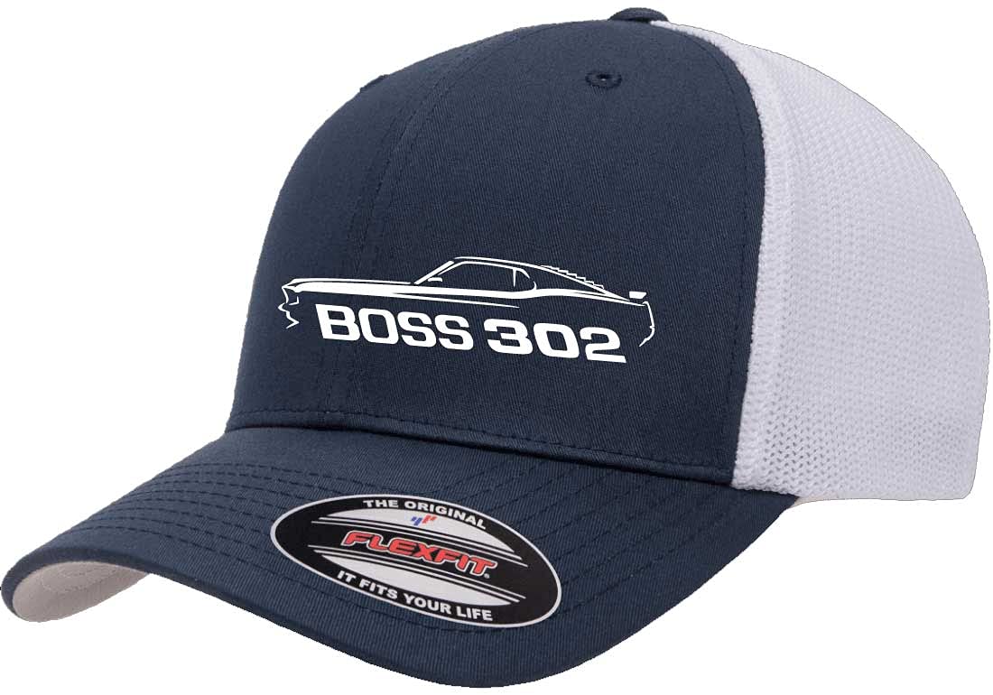 1969 Ford Boss 302 Mustang Classic Outline Design Flexfit 6511 Trucker Mesh Fitted Cap Navy/White