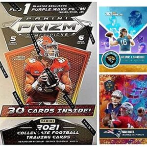 2021 Panini PRIZM Football Draft Picks FACTORY Sealed UNOPENED Blaster Box w/30 Cards including 1 Purple Wave Prizm - Look for TREVOR LAWRENCE, JUSTIN FIELDS, MAC JONES Rookie Cards! - Include Novelty Trevor Lawrence and Mac Jones Cards Shown