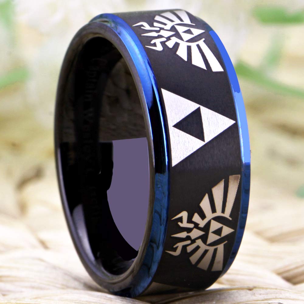 FREE Custom Engraving The Legend of Zelda Ring- Crest and Triforce Ring Black and Blue Step Tungsten Carbide Wedding Bands Ring (8mm width, 11)