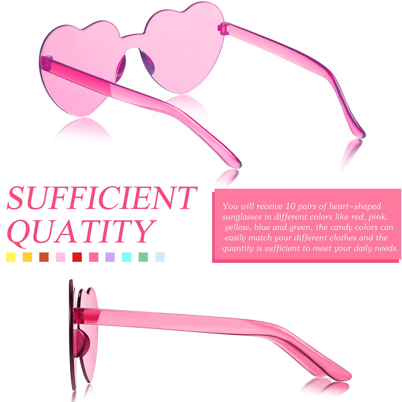 TOODOO 10 Pairs Heart Shaped Sunglasses Rainbow Sunglasses Candy Color Rimless Glasses for Women Girl Party Favor(Multi Colors)