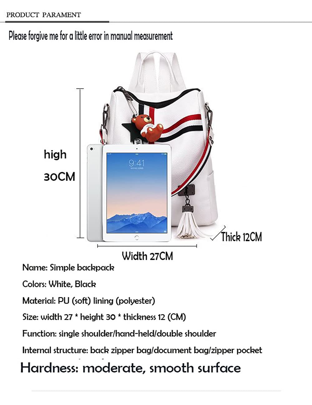 Taremoci women's backpack handbag large capacity leather bag cute women's mini backpack, black, white (White)