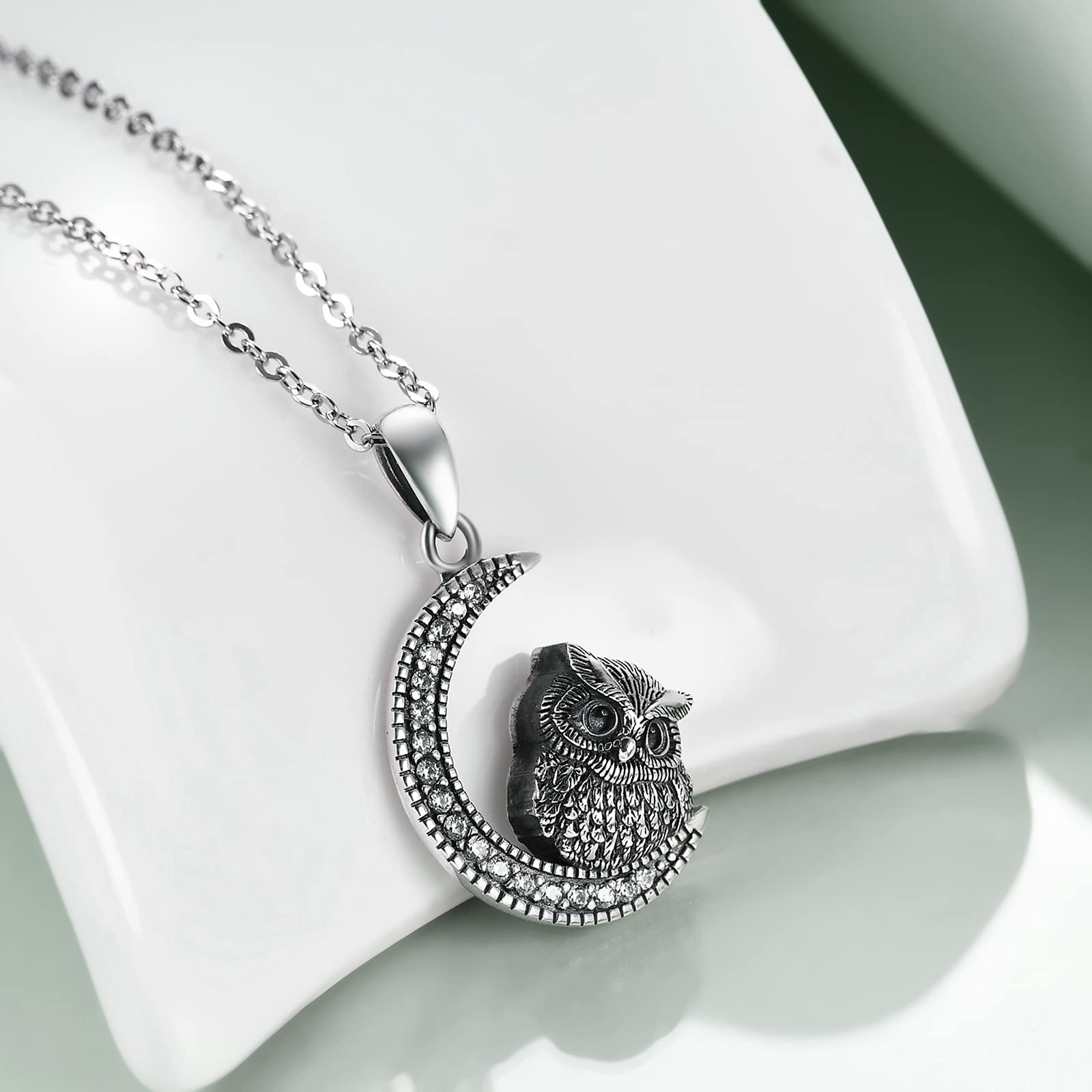 YAFEINI Owl Urn Necklaces for Ashes Sterling Silver Crescent Moon Keepsake Cremation Jewelry Memorial Gifts for Women