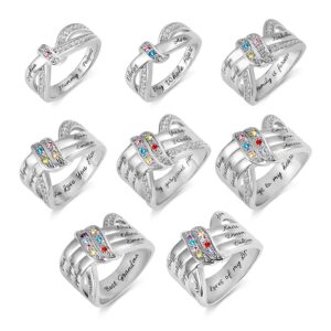 ychzx personalized 1-8 birthstone rings 925 sterling silver heart custom engraved name ring wedding family mother days birthday aniversary jewelry gifts for women grandma mom her daughter (style 1)