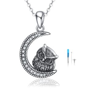 YAFEINI Owl Urn Necklaces for Ashes Sterling Silver Crescent Moon Keepsake Cremation Jewelry Memorial Gifts for Women