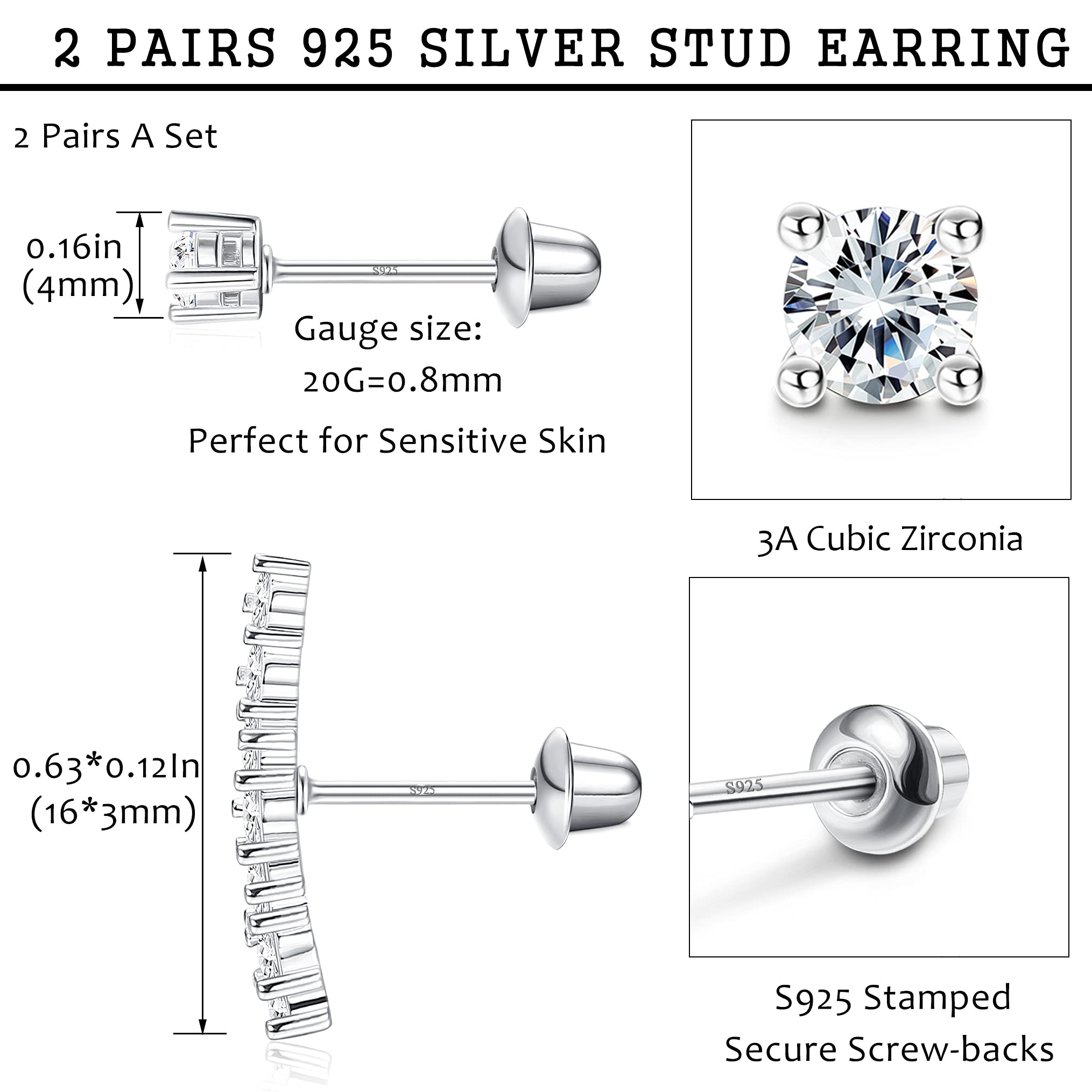 Sllaiss 2 Pairs Sterling Silver CZ Cartilage Stud Earrings Set for Women White Gold Plated Climber Helix Conch Daith Piercing with Screw Back (Silver)