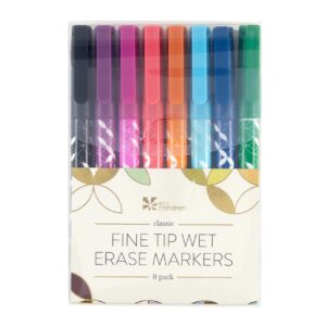 erin condren classic fine tip wet erase markers 8-pack. 0.5mm fine point tip perfect for writing on whiteboards and overhead projectors. 8 bold and rich colors